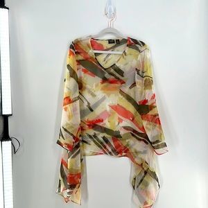 Travelers Collection Chico's Sheer Long Sleeve Blouse Asymmetrical Trop Hem 106